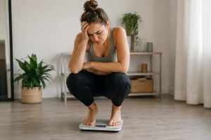 Femme déçue par le résultat affiché sur sa balance, illustrant les difficultés de perte de poids accompagnées en naturopathie fonctionnelle à Nantes et en visio.